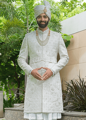 Pearl Thread Work Embroidered Sherwani-White