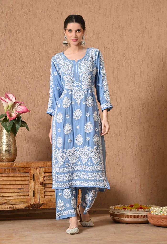 Hand Embroidered Chikankari Modal Plazo Set with 3D Work – Ethnic Wear Powder Blue