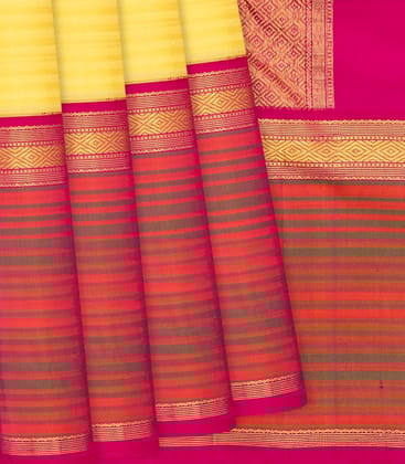 Yellow Handloom Kanchipuram Korvai Silk Saree With Stripes-Yellow-Yellow