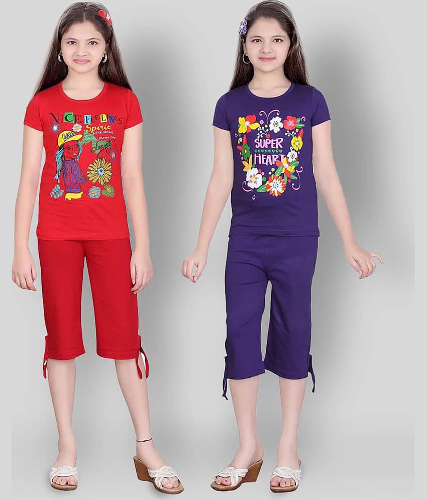 Sini Mini Pack of 2 Girls 100% Cotton Top With Capris ( Multicolor )