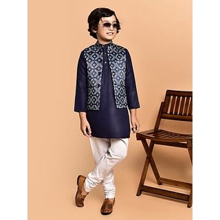 PrintCultr Boys Festive & Party Kurta, Waistcoat and Pyjama Set (Dark Blue)