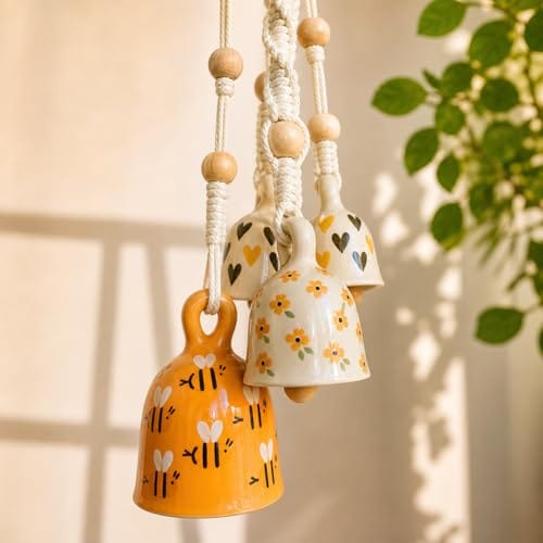 Macrame Bell Hanging with Handpainted Ceramic Bells | Wall & Balcony Home Decor (Yellow- Zelora Bells)