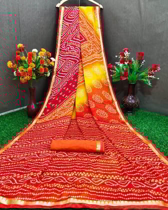 Chiffon Bandhani Saree With Zari Border-  Yellow & Red