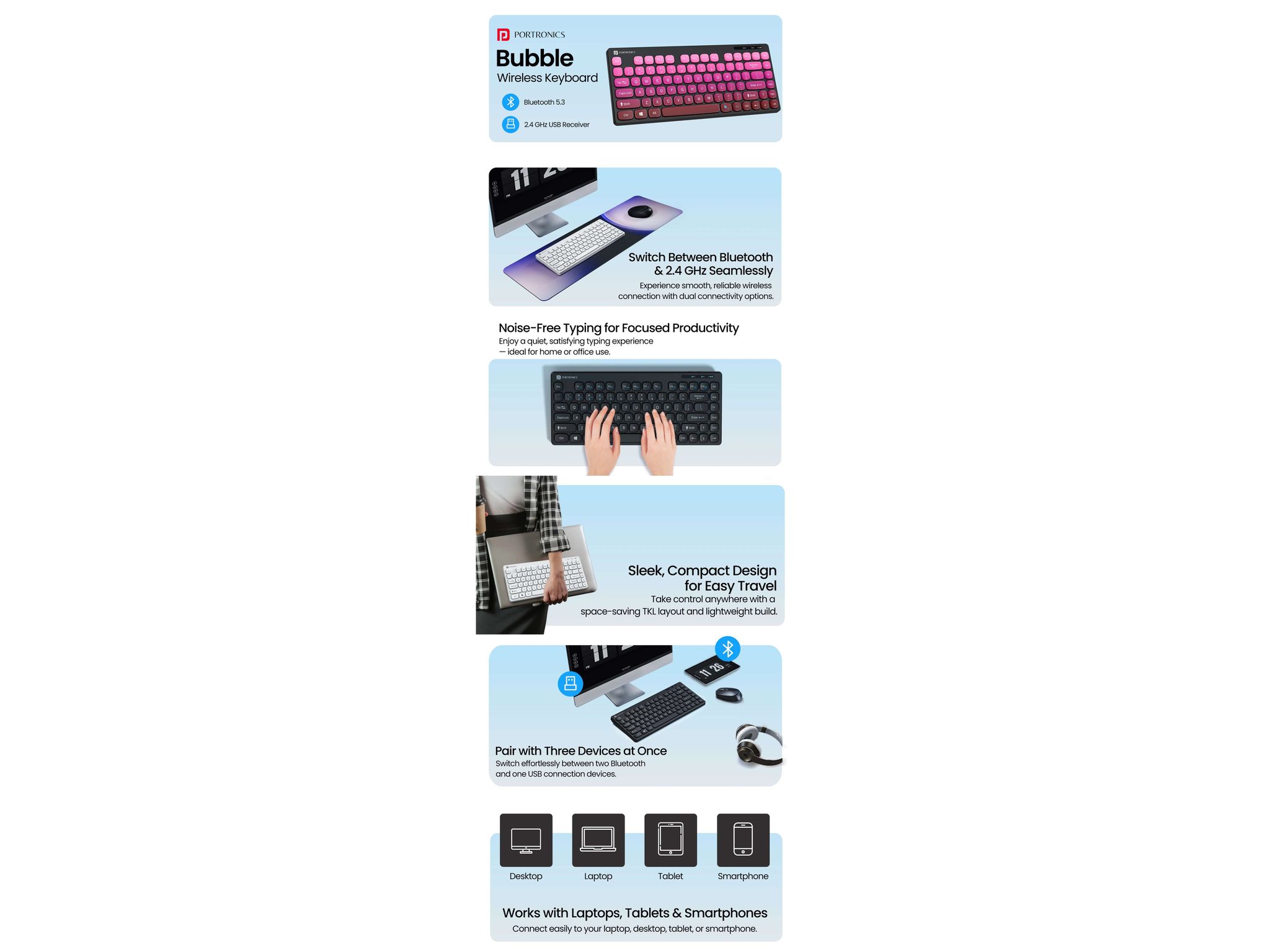 Portronics Bubble Square Wireless Keyboard with Bluetooth + 2.4 GHz USB Receiver (Dual Connectivity), Pair 3 Devices Max, Multimedia Hotkeys, for Laptop, PC, Smartphone, Tablet - Pink