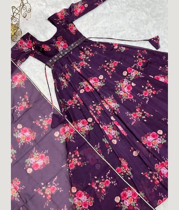 Femvy Purple Anarkali Cotton Blend Women's Stitched Ethnic Gown ( Pack of 1 )