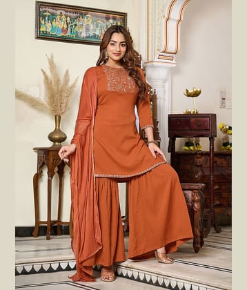VIBE VISION Women Silk Self Design Straight Kurti With Pants ( Rust )