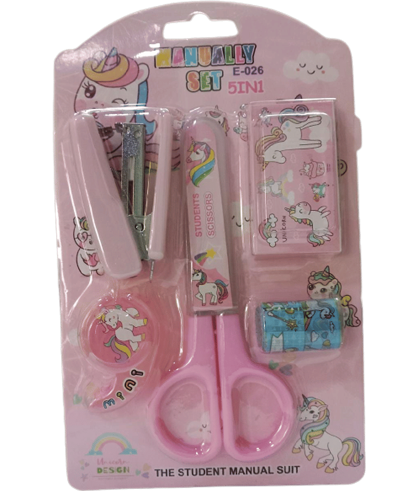 5 in 1 Mini Stationery Combo Essentials Box Gift Set Includes Scissors Tape Stapler (1 Piece), Multicolor