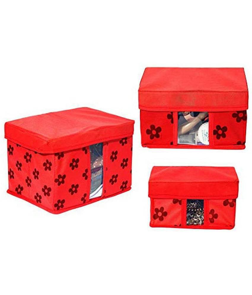 PrettyKrafts Storage Box (Red) - Combo Pack of 3