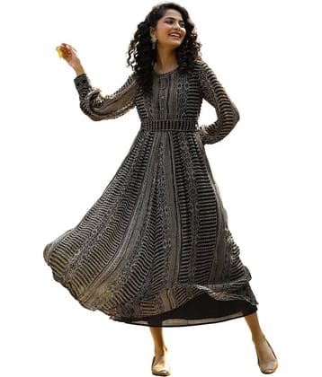 Juniper Women Chiffon Printed Fit & Flare Dress ( Black )