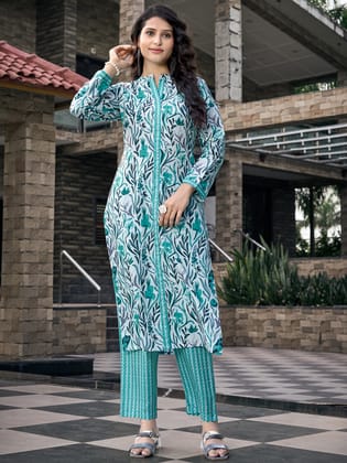 Aqua Blue Printed Cotton Blend Mandarin Neck Kurta Set-S