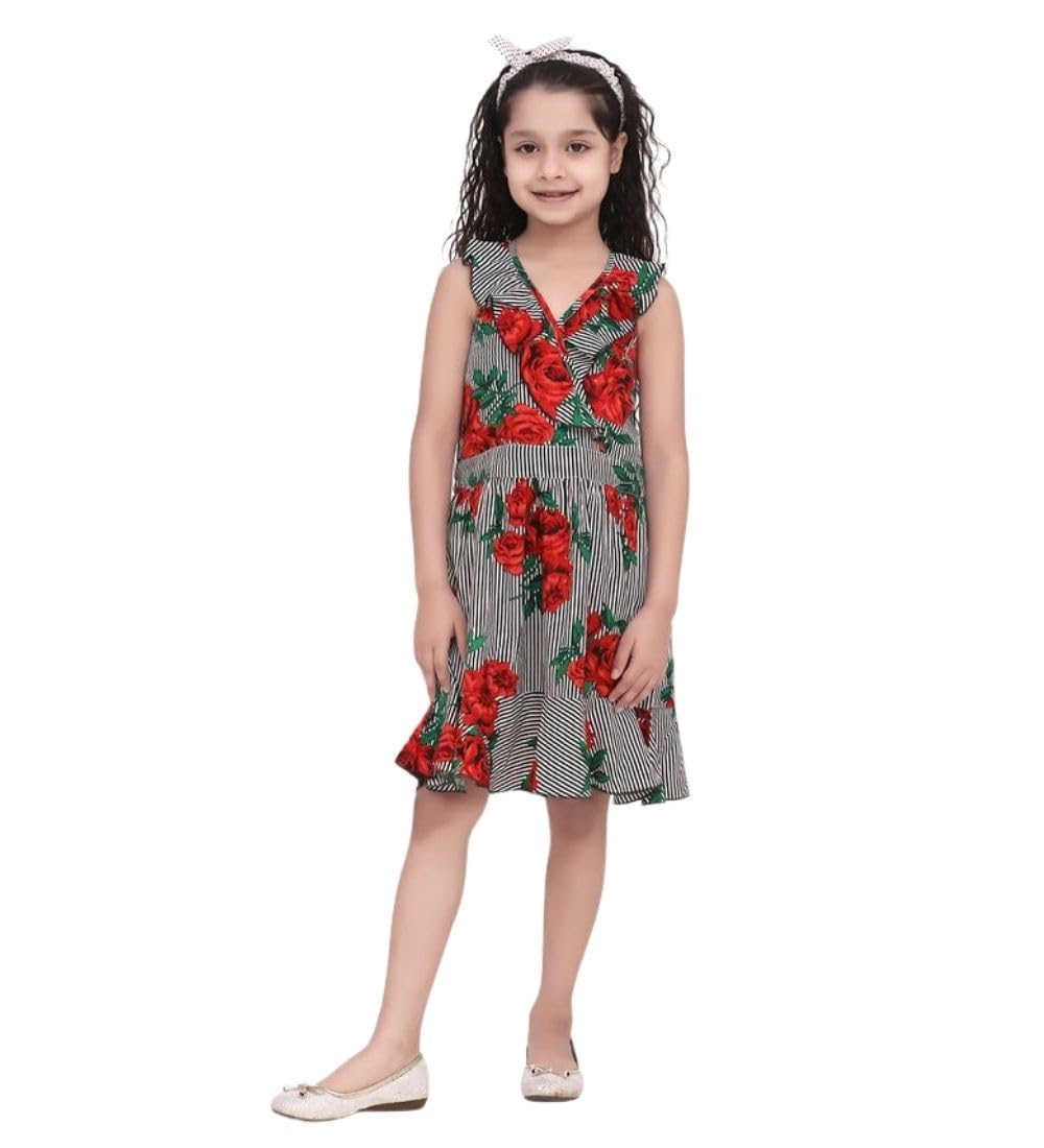 Girl's Polyester Crepe Floral Shoulder Straps Dress (Red, 9-10-Yrs)-PID66022