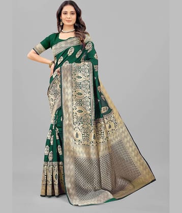 Gazal Fashions Banarasi Silk Embellished Saree With Unstitched Blouse Piece ( Green )