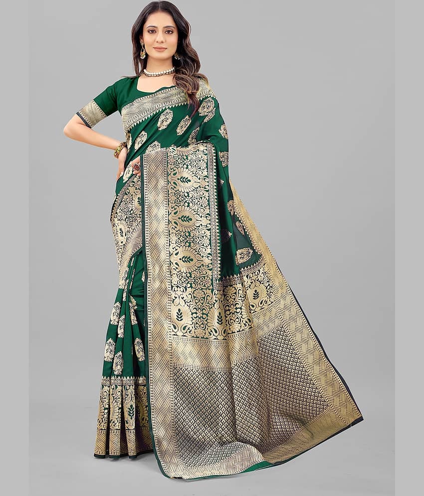 Gazal Fashions Banarasi Silk Embellished Saree With Unstitched Blouse Piece ( Green )