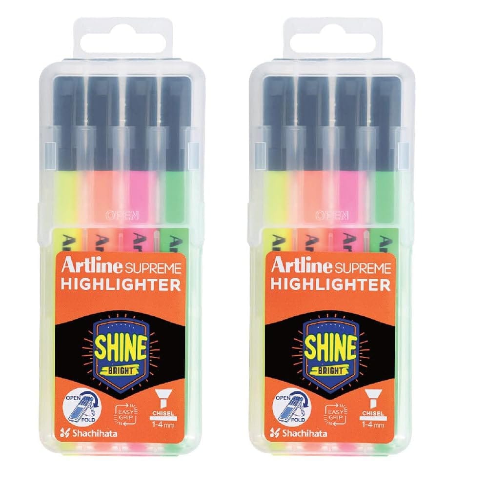 Artline Supreme Highlighter of Fluro Yellow, Fluro Orange, Fluro Pink & Fluro Green Vibrant Colours in set of 4 x 2 Packs | Ideal For Both Highlighting & Underlining