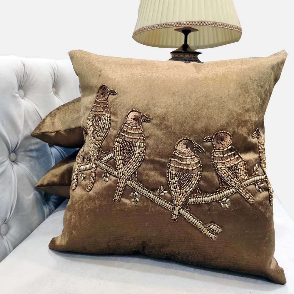 Suede Bronze Brown Set of 3 Ethnic Beaded Embroidered Square Combo Cushion Covers for Sofa Home Bedroom (16x16 inch or 40 x 40 cm) - Ethnic Shoes | Buy online on ZillyBuy