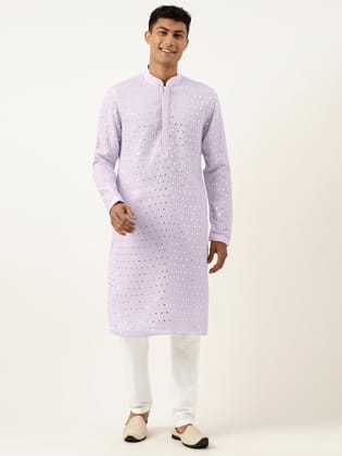 Lavender Mirror Embroidered Georgette Kurta Set-M/40 / Only Kurta - No Lowers