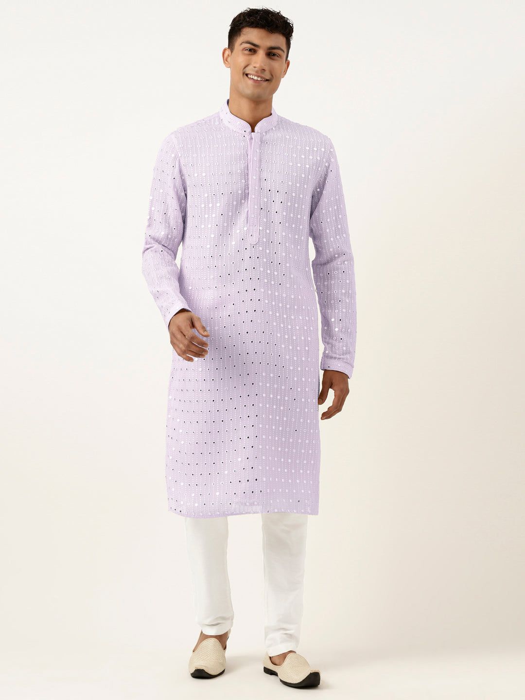 Lavender Mirror Embroidered Georgette Kurta Set-M/40 / Only Kurta - No Lowers