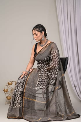 Hand block printed chanderi silk Sarees with blouse
