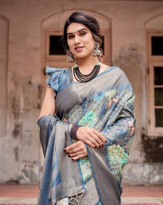 Graceful Navy Blue Banarasi Silk Saree with Nature-Inspired Digital Prints and Elegant Zari Woven Border-Regular