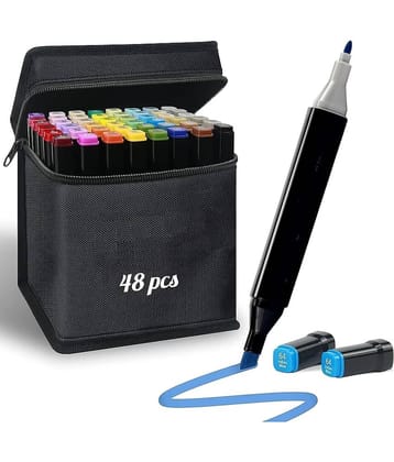 SKYVILLA Dual Tip Art Markers 48 Colours with Carrying Case for Painting Sketching Calligraphy Drawing - Odorless & Non Toxic Twin Head Permanent Colouring Marker Pens for Kids Adult Beginners