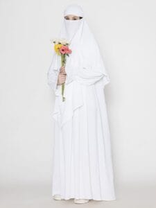 Front Pleated Abaya With Elasticated Sleeves & Khimar White-Small