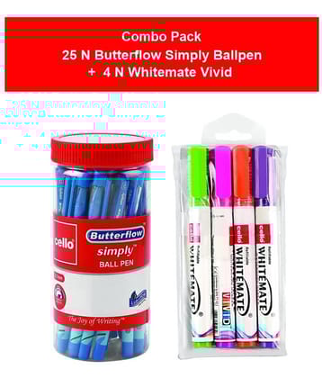 Combo of Cello Butterflow Simply ball pens (Pack of 25) and Cello Vivid Whiteboard markers (Pack of 4) | Stationery for office and school | Pens for students & working professionals | Stationery essentials
