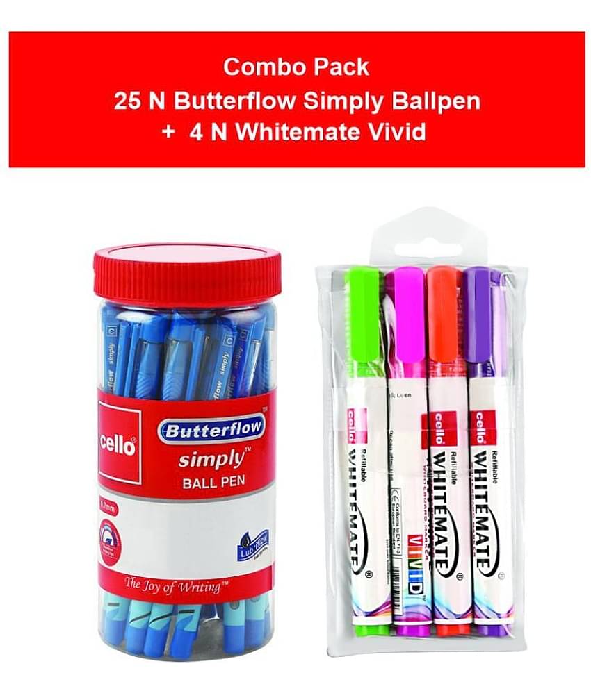 Combo of Cello Butterflow Simply ball pens (Pack of 25) and Cello Vivid Whiteboard markers (Pack of 4) | Stationery for office and school | Pens for students & working professionals | Stationery essentials