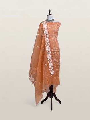 Kota Doria Dress Material Orange Peach Floral Jaal