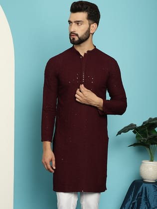 Men's Pure Cotton Purple Embroidered Sequined Kurta-42