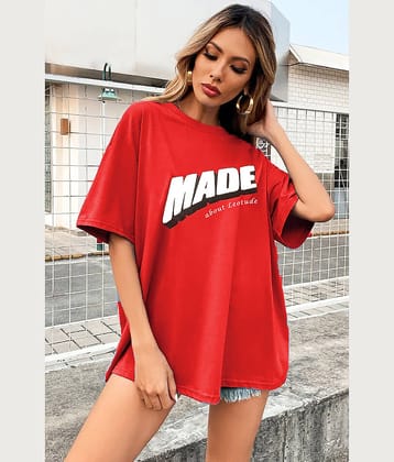 Leotude Women Cotton Blend Printed Oversized Fit Round Neck T-Shirt ( Red )