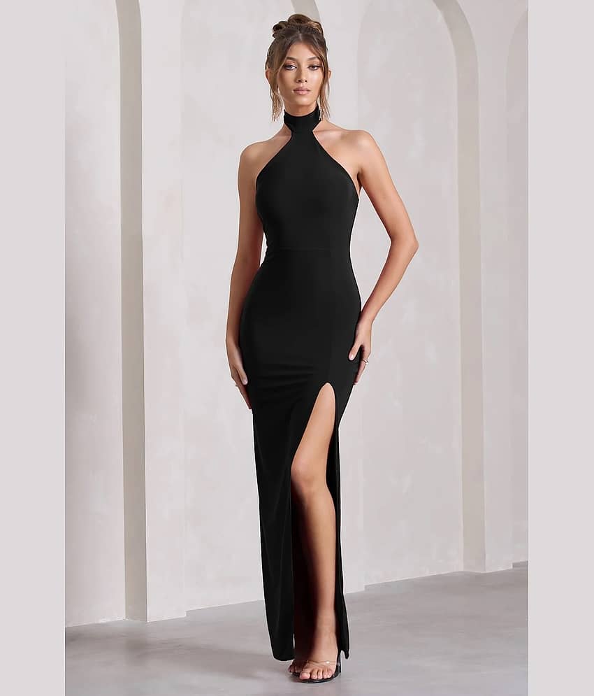 Traquila Women Lycra Solid Side Slit Dress ( Black )
