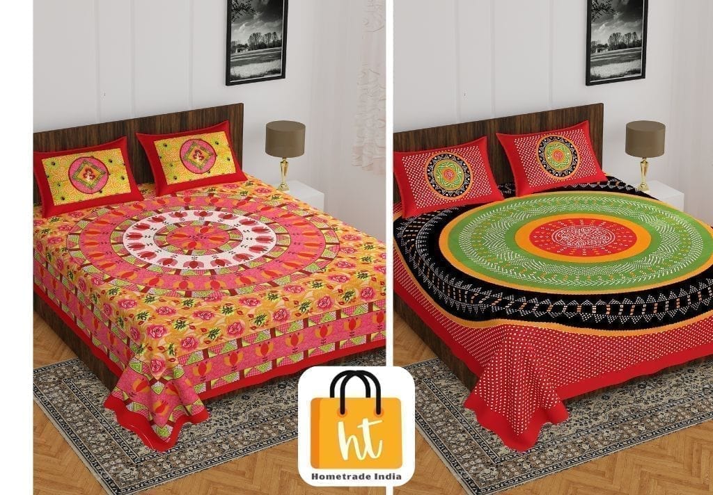 3001-Hometrade India-Standard King Size (90*108 Inches) Double Bedsheet With 2 Pillow Cover-RJ-14-Jaipur lining-3409