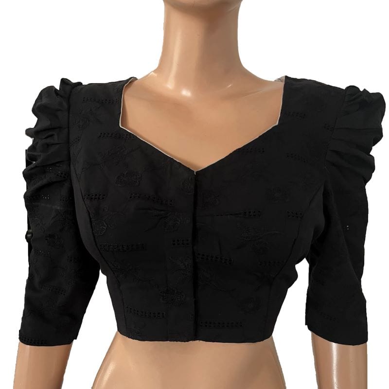 Hakoba Cotton Sweetheart neck Blouse with Gathered Puff Sleeves & Lining,  Black, BW1162-S