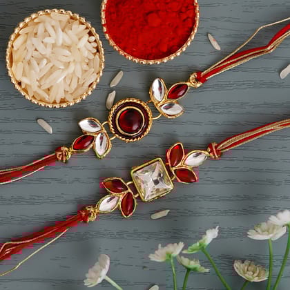 Red & White Kudan Stone Pack of 2 Rakhis and Roli Chawal Pack