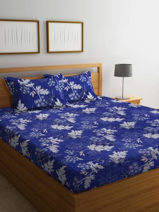 Blue & White Floral Printed 300 TC King Size Fitted Bedsheet with 2 Pillow Covers