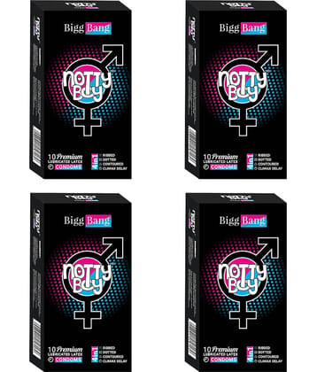 NottyBoy Bigg Bang 4IN1 Dotted Ribbed Contoured Over Time Condoms - 40 Units