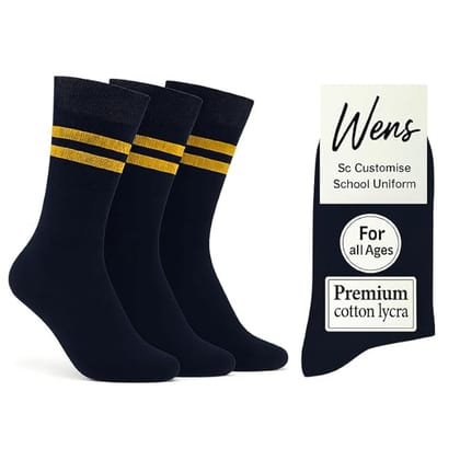 Wens Strips School Socks for Girls, Boys, Kids & Men of All Ages (Pack of 3) | Heavy Elastic, Streachable & Comfortable Fit | Calf Length Uniform Socks | Anti Odour | Unisex  Navy Blue with YELLOW Stripes