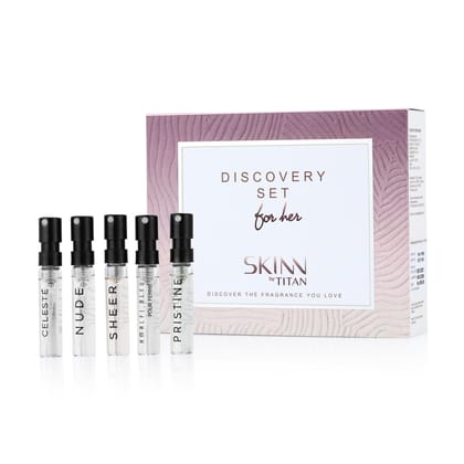 Skinn By Titan |Discovery Kit of Celeste, Nude, Sheer, Pristine, Amalfi Bleu (2 ml x 5) | Perfume For Woman| Gift Set For Women |Long Lasting Fragrances | Floral & Fruity |Eau De Parfum Skinn By Titan |Discovery Kit of Celeste, Nude, Sheer, Pristine, Ama