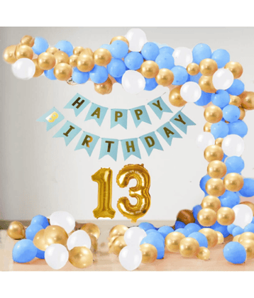 Jolly Party  13 Year Decoration kit For Boy and Girl Happy-Birthday 62 Pcs Combo Items 20 golden, 20 White 20 Blue balloons and 13 letter happy birthday banner and 13 letter golden foil balloon.
