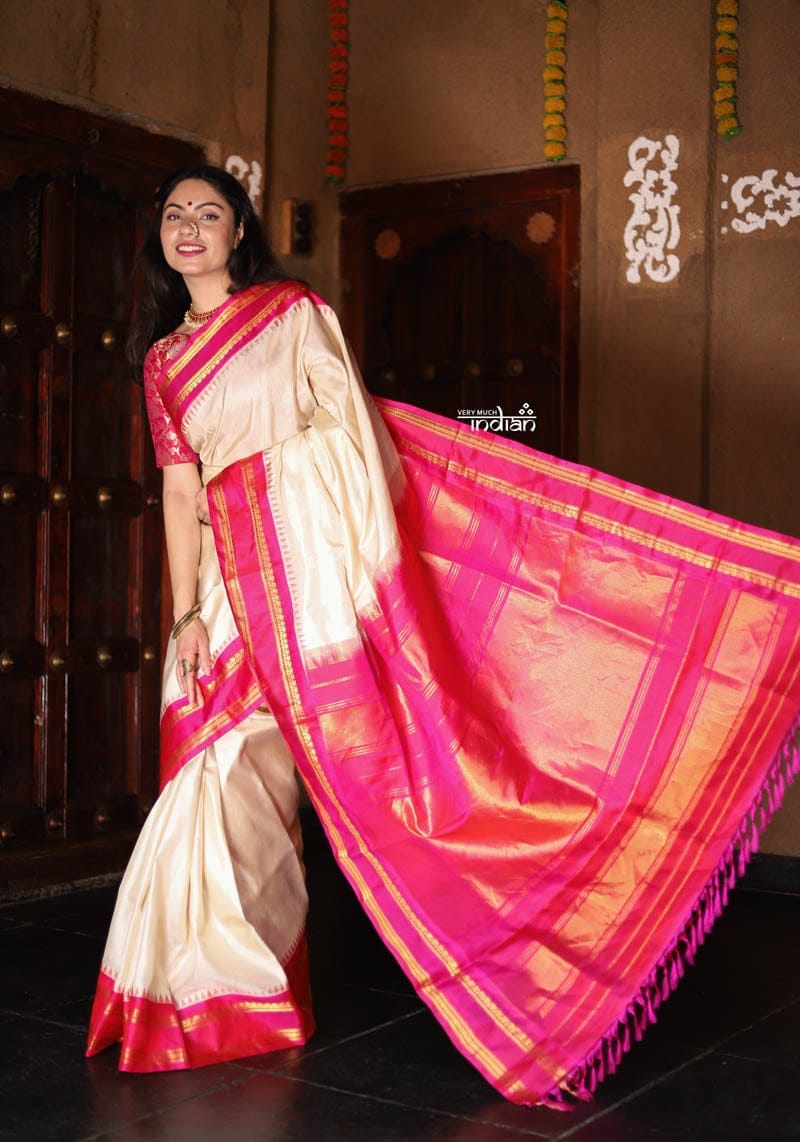 Utsaav ~ Gadwal Pure Silk Traditional Handloom Saree - Off White with Pink Border, Authentic Pure Silk