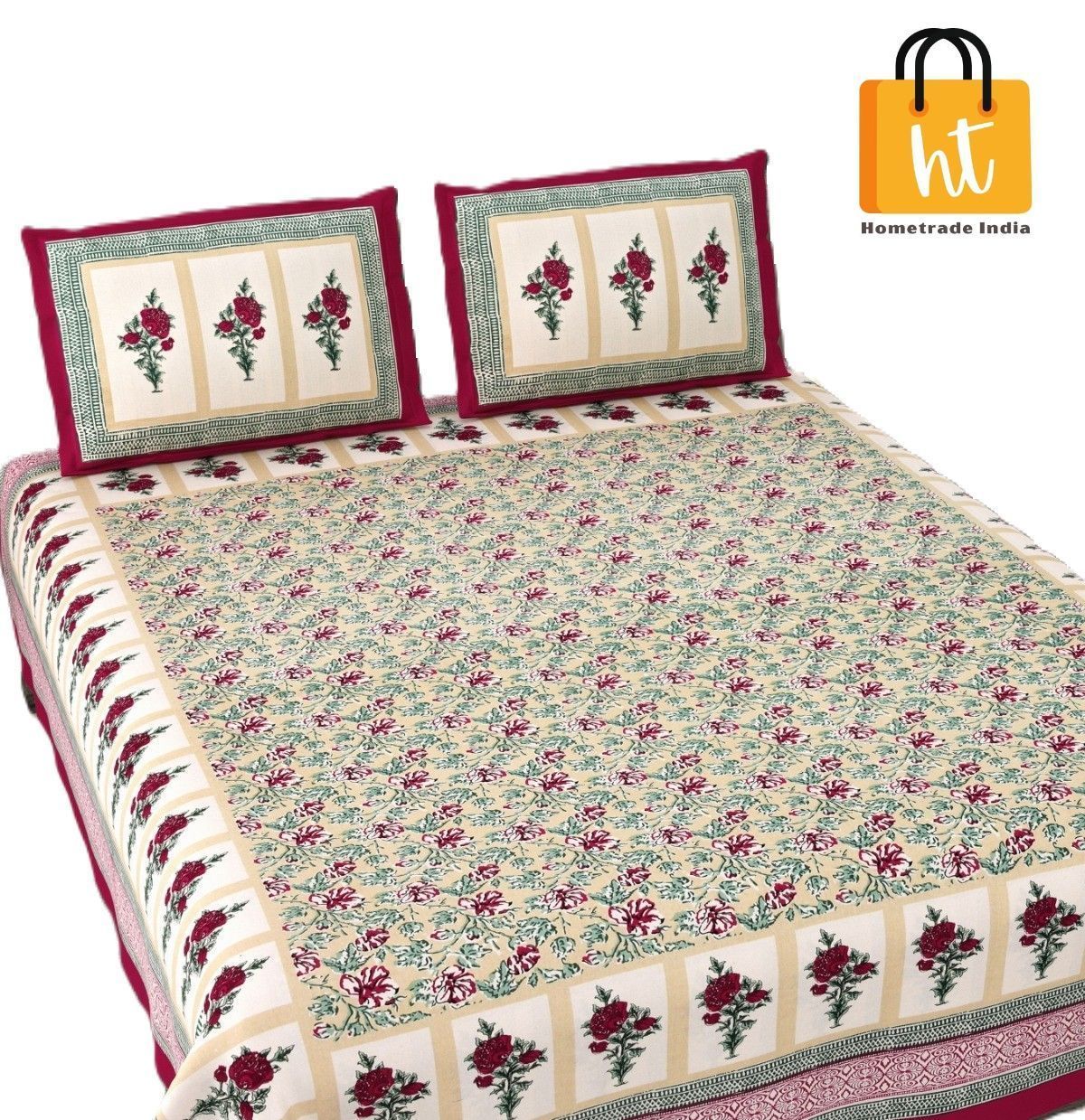 3001-Hometrade India-Standard King Size (90*108 Inches) Double Bedsheet With 2 Pillow Cover-RJ-14-Jaipur lining-3159
