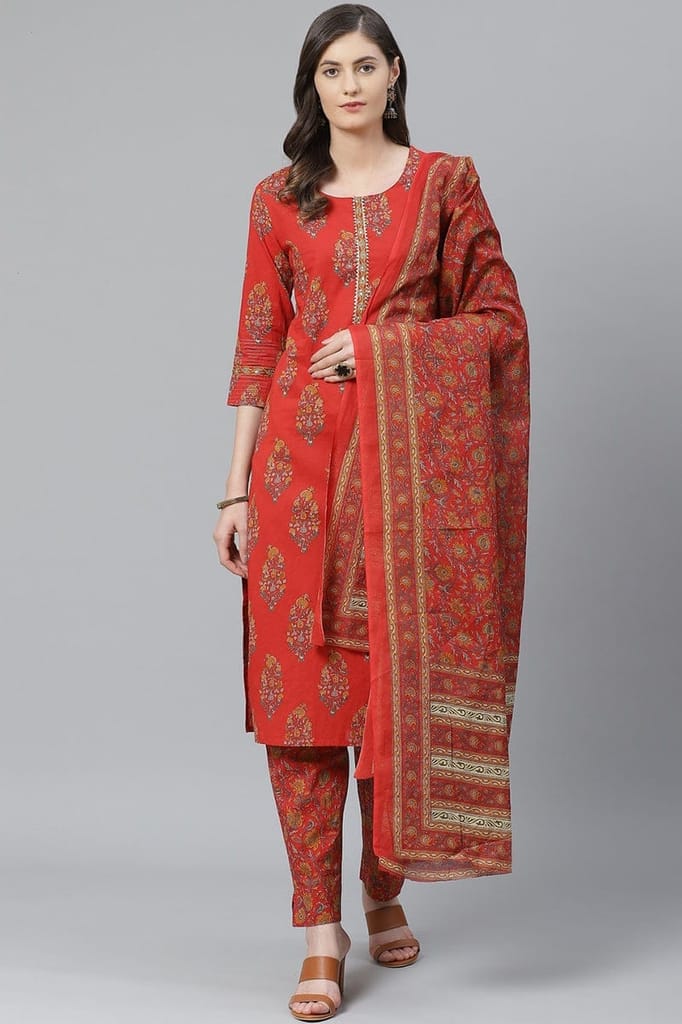 Plus Size Red Floral Printed Polyester Straight Suit Set PKSKD1067 - Kurtas & Kurta Sets | Buy online on ZillyBuy