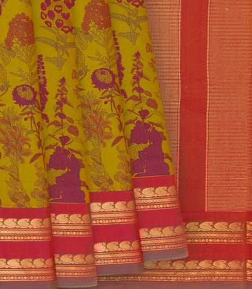 Sage Green Gadwal Handloom Printed SICO Saree -Sage Green-Sage Green