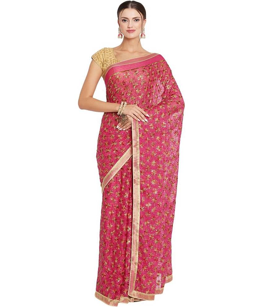 Queenley Chiffon Embroidered Saree Without Blouse Piece ( Pink )