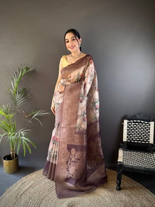 Beige Soft Silk Floral Motifs Zari Weaving Work Banarasi Saree
