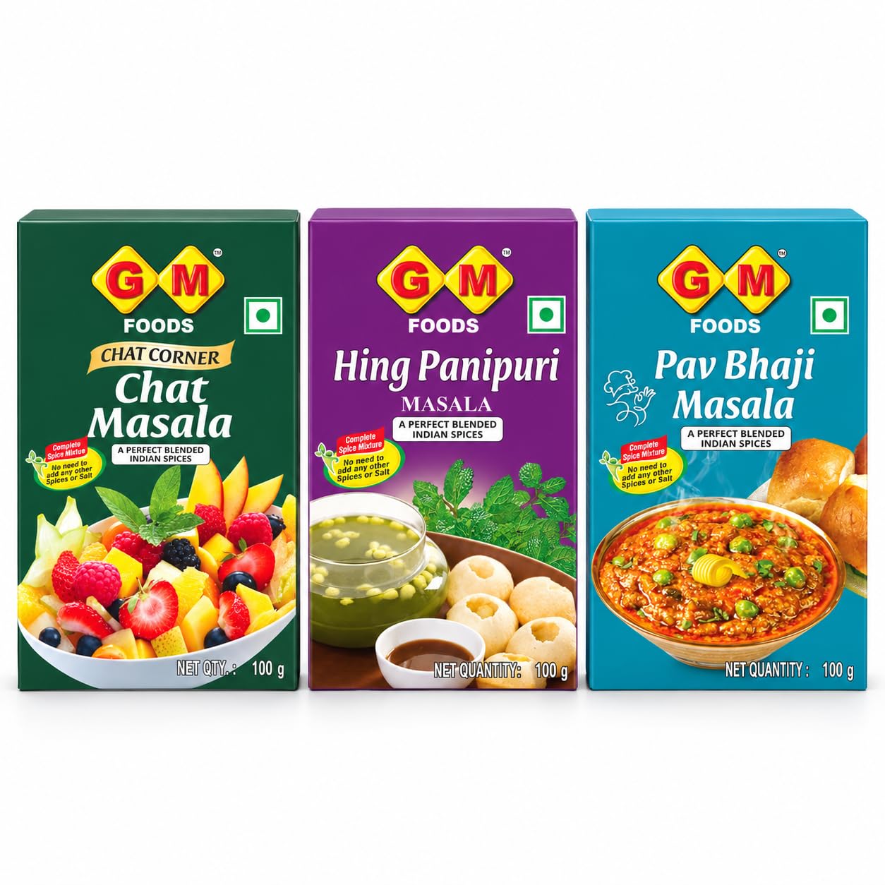 GM Foods Street Food Masala Combo Pack of 3 | Pav Bhaji Masala + Chaat Masala + Hing Pani Puri Masala | 100g Each, Total 300g | Authentic Indian Spice Mix for Chaat, Golgappa & Snacks