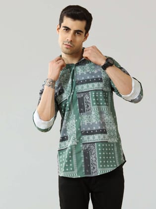 Men's Green Satin Digital Printed Shirt | Rick Rogue-M/38