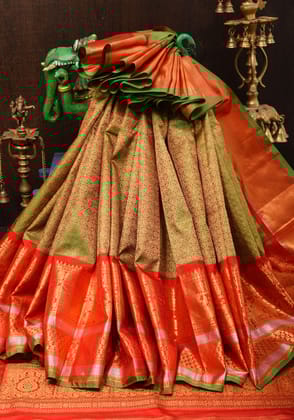 Henna Green 1000 Butta Zari Brocade Gadwal Pure Silk Saree with Vermillion and Scarlet | SILK MARK CERTIFIED
