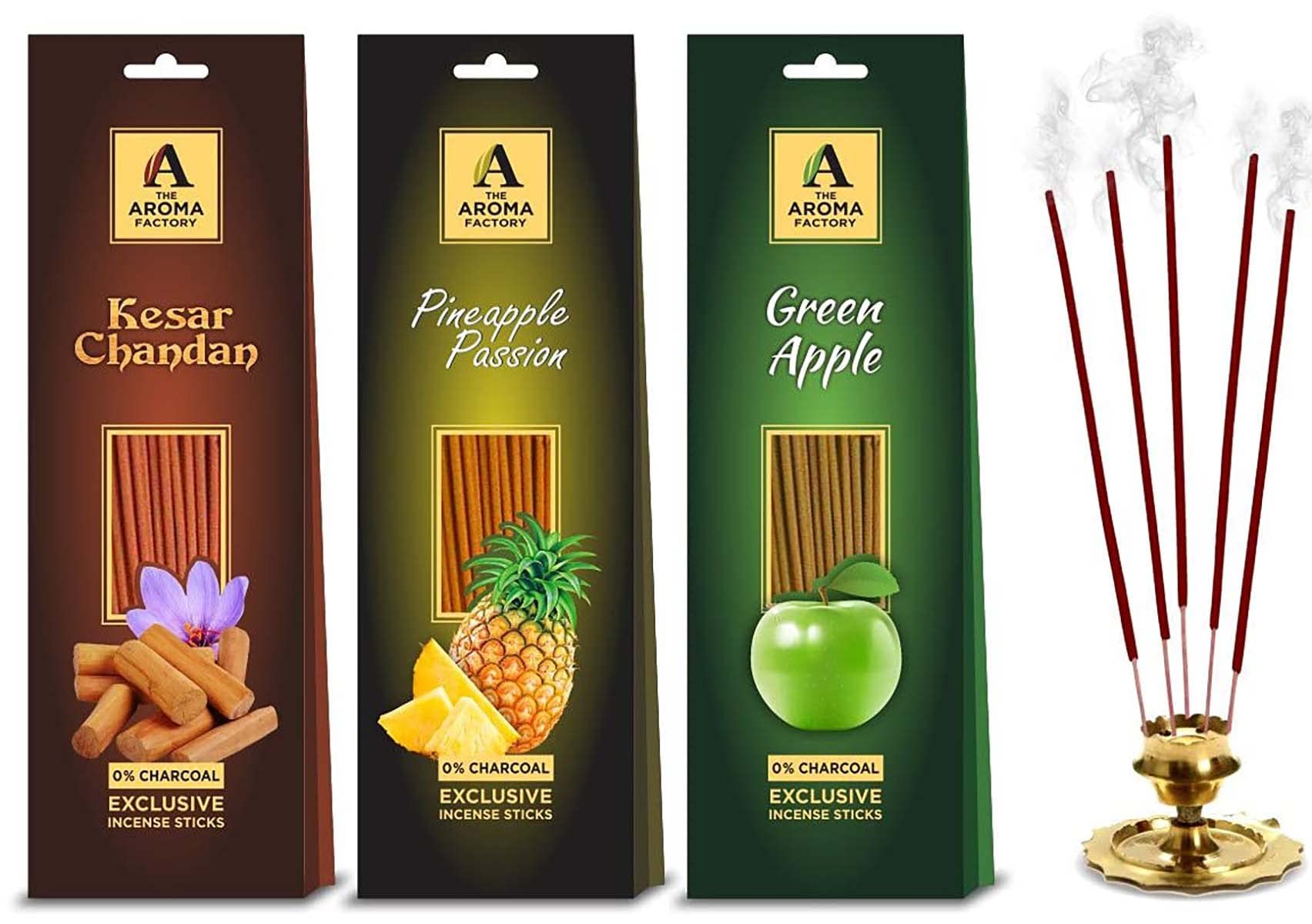 The Aroma Factory Agarbatti Combo - Pineapple, Green Apple, Chandan Incense Sticks, Charcoal Free & Low Smoke Agarbatti with Essential Oils & Natural Fragrance for Home, Offices (30Sticks X 3 Packet)
