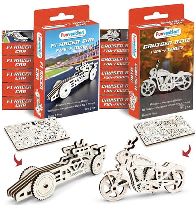 Funvention Fun-Fidget DIY Mechanical Models (Return Gift Pack of 12) F1 Racer Car & Cruiser Bike 3D Wooden Puzzle, Build & Play Gear Toy, STEM Activity, Birthday Return Gifts for Kids Age 5+ Funvention Fun-Fidget DIY Mechanical Models (Return Gift Pack of 12) F1 Racer Car & Cruiser Bike 3D Wooden Puzzle, Build & Play Gear Toy, STEM Activity, Birthday Return Gifts for Kids Age 5+
